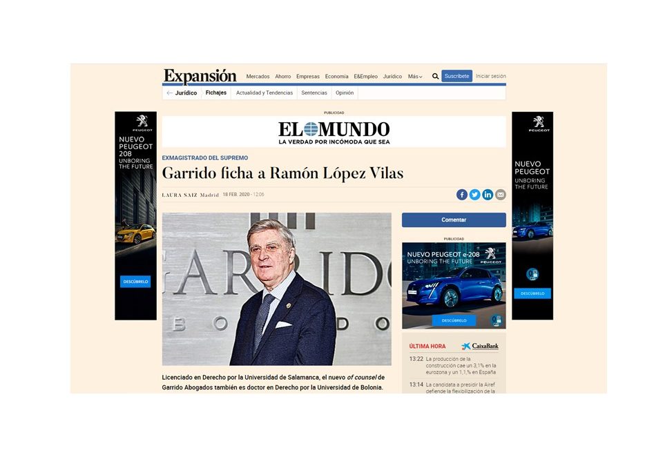 Garrido Abogados incorpora a su firma a Don Ramón López Vilas, ex magistrado del Tribunal Supremo