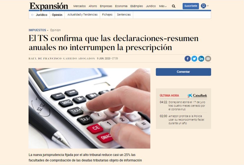 El Tribunal Supremo confirma que las declaraciones-resumen anuales no interrumpen la prescripción