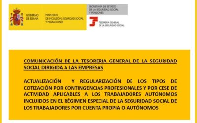 La TGSS informa que va a proceder a la actualización-regularización de los tipos de cotización aplicables a los trabajadores autónomos incluidos en el RETA en 2020
