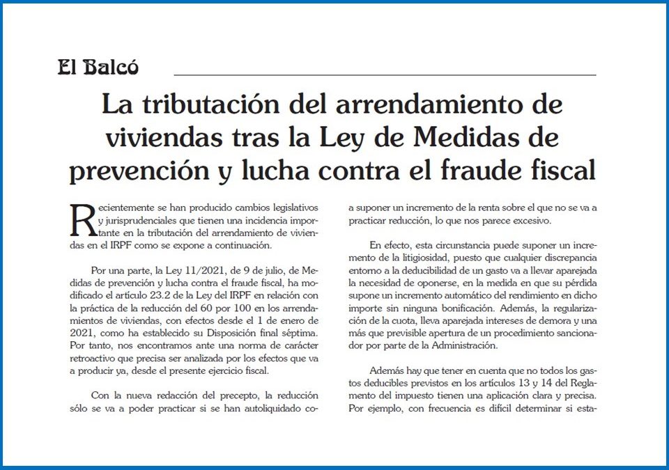 La tributación del arrendamiento de viviendas tras la Ley de Medidas de prevención y lucha contra el fraude fiscal