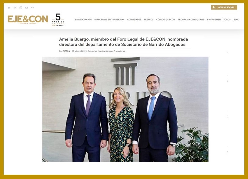 La Asociación Española de Ejecutivas y Consejeras (EJE&CON) publica la noticia de la incorporación de Amelia Buergo a Garrido