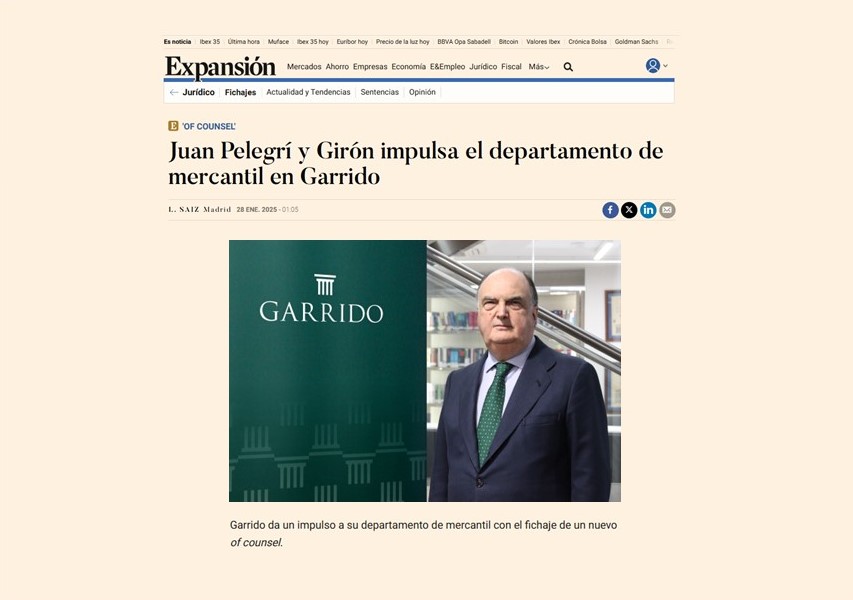 Juan Pelegrí y Girón se incorpora a Garrido como nuevo of counsel del área mercantil